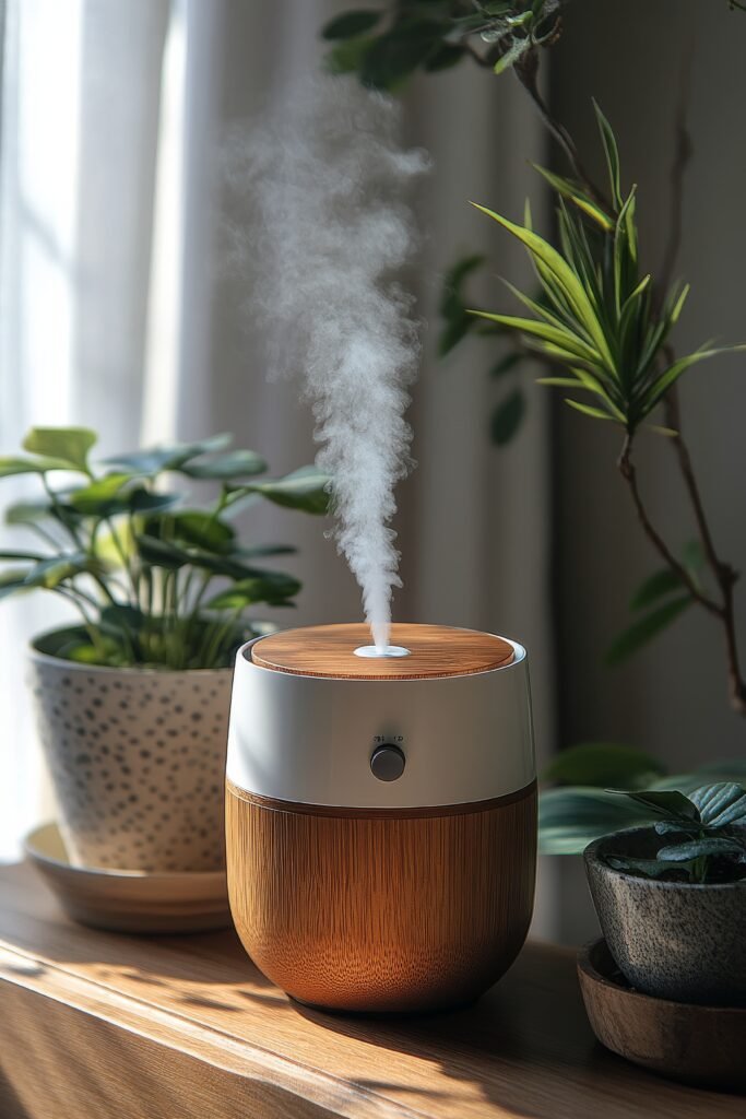 A modern diffuser releasing steam beside a vibrant potted plant on a wooden table indoors