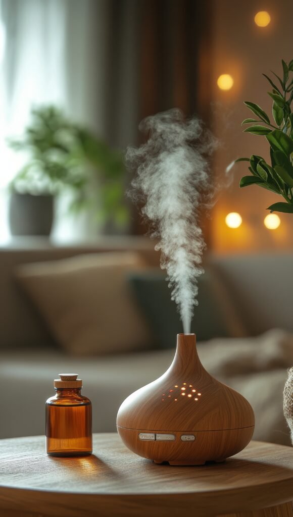 Aromatherapy diffuser releasing mist in a modern living room with natural light highlighting a serene atmosphere