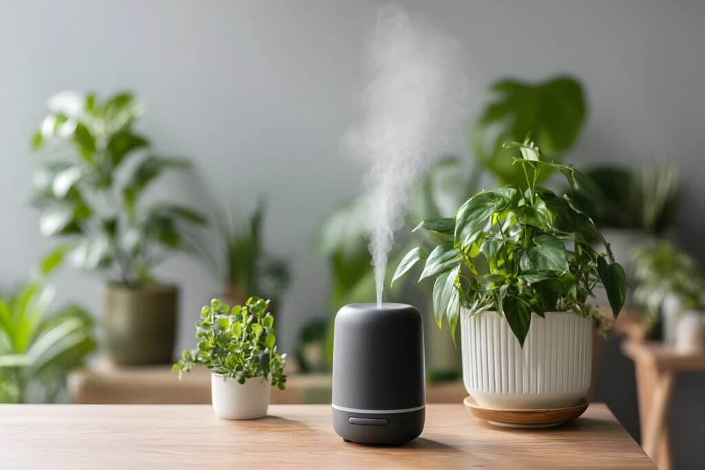 Indoor plants with an aromatherapy diffuser releasing steam